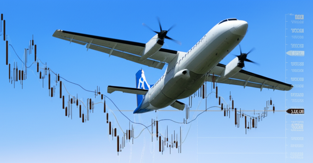 金融市場圖表與ATR指標線條對比天空飛行的ATR 72螺旋槳飛機,突出兩個不同概念的區分插圖