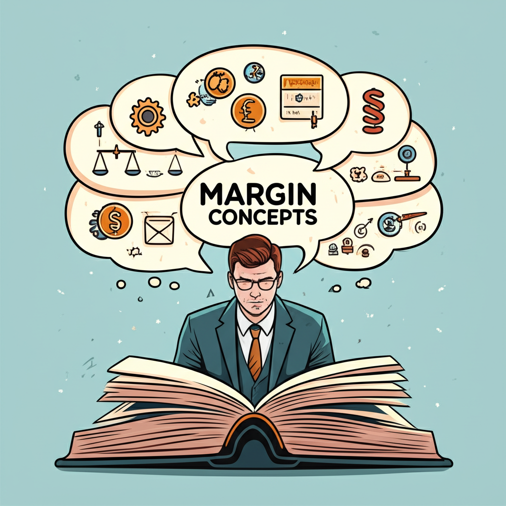 一人專注閱讀名為保證金概念的大書,周圍浮現思緒泡泡內含各種金融法律符號,象徵對通用定義的深入理解