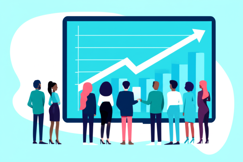 多樣化的個人交易員看著大螢幕上上升的財務圖表，代表獲得重大交易資本的插圖