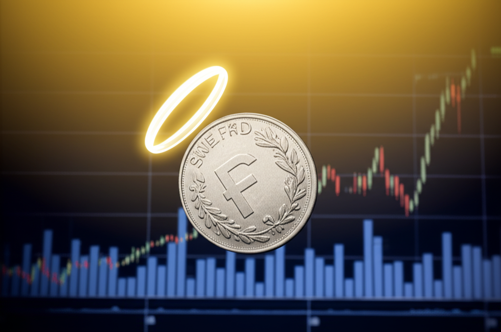 瑞士法郎從光環中跌落,背景為全球市場圖表顯示不確定性和避險地位減弱