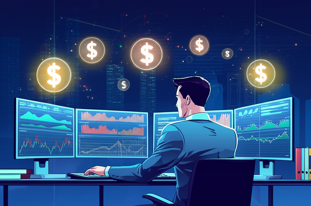 專業交易員在現代辦公室使用多個螢幕分析股票圖表,周圍浮動貨幣符號代表自營交易獲利