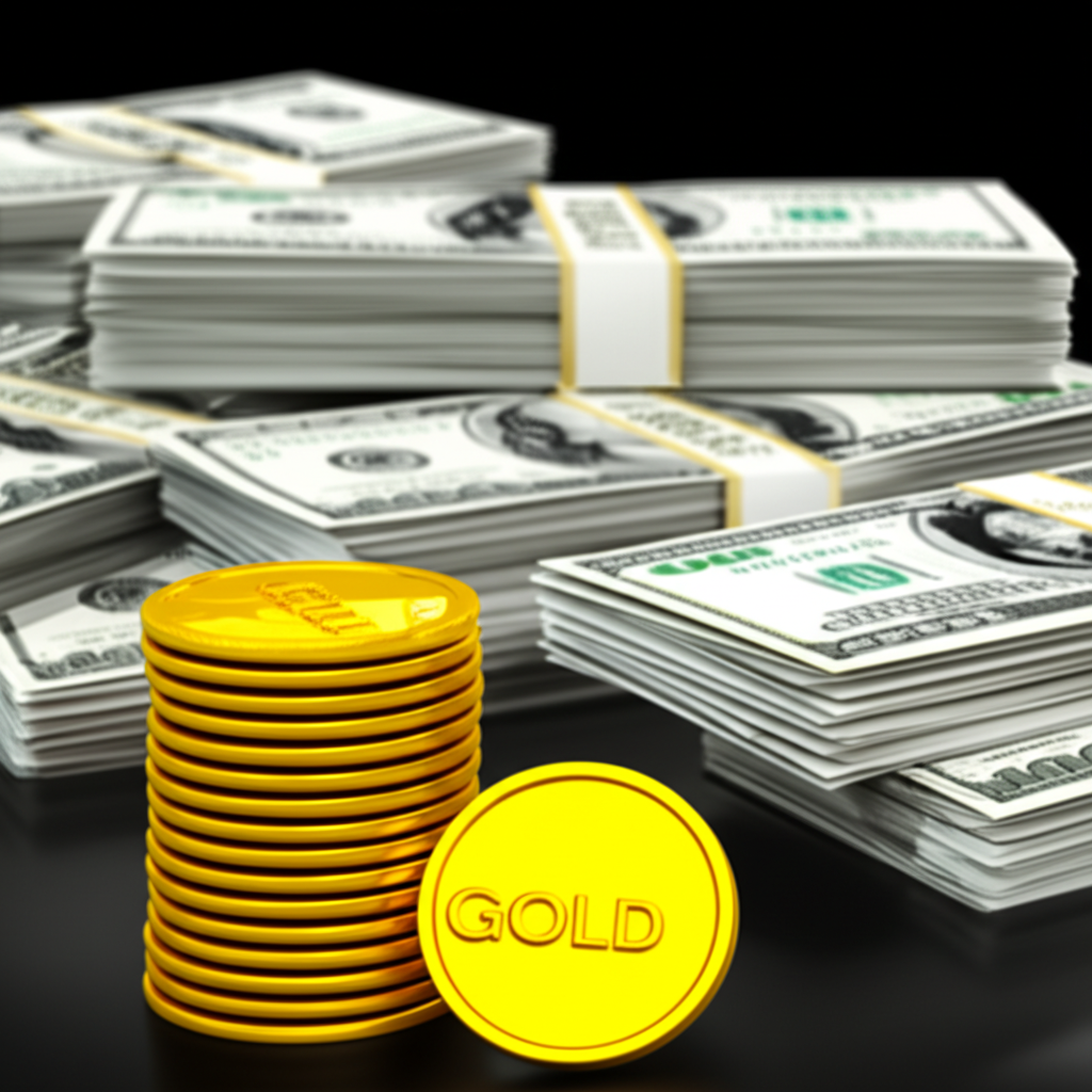 稀有黃金與貶值紙幣堆疊的對比插圖,象徵黃金對抗貨幣貶值與通膨的優越保值能力