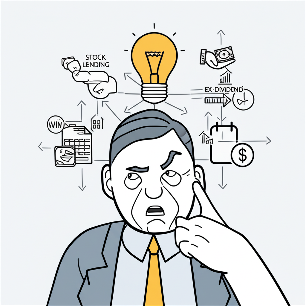 投資人困惑觀察借券與除權息圖表，最終豁然開朗的插圖