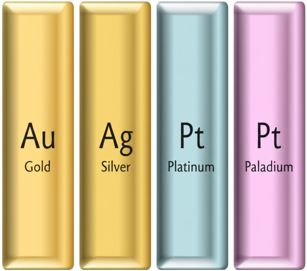 四個獨特支柱分別代表黃金白銀鉑金和鈀金以其符號和顏色突顯在投資現代科技和工業發展中的重要性