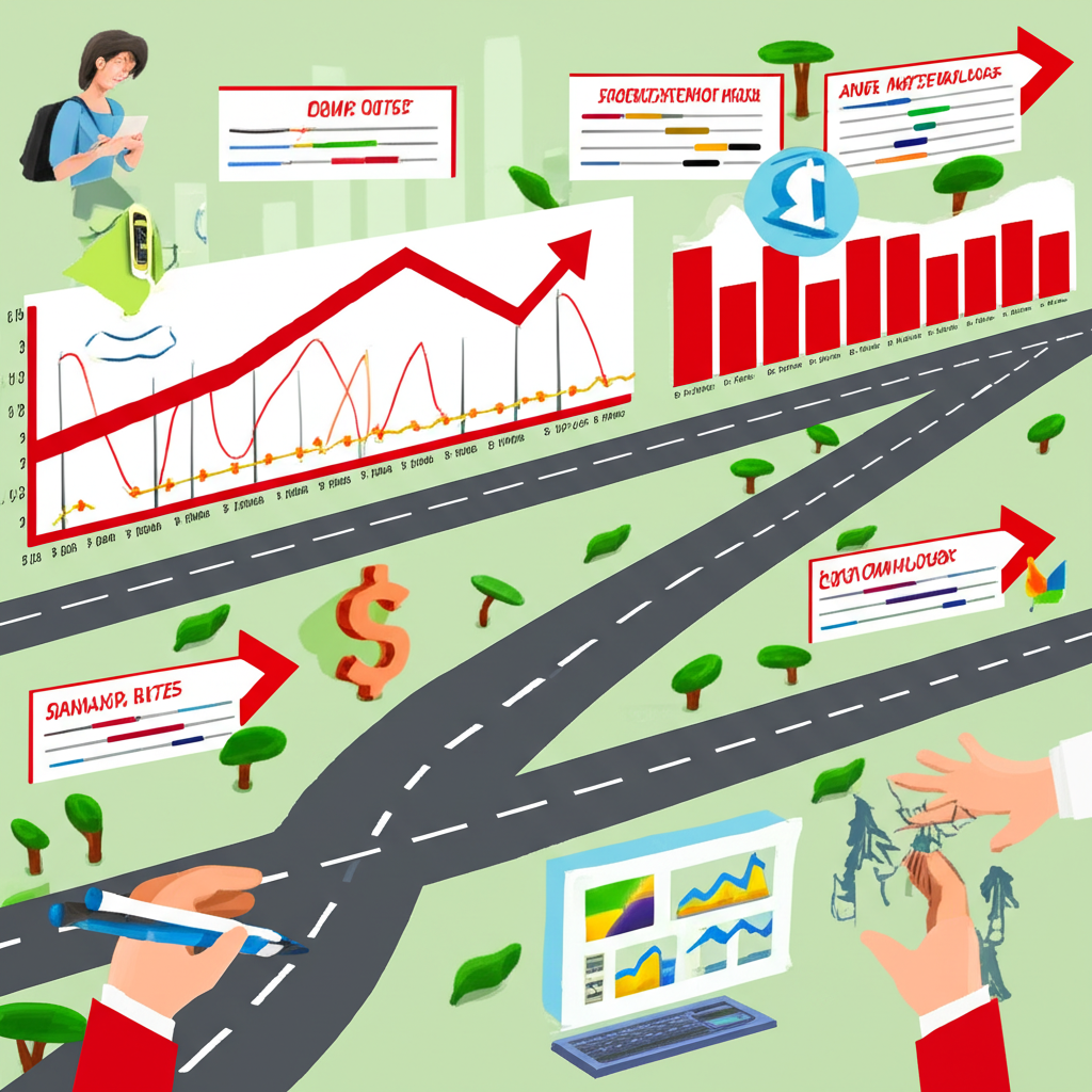 金融圖表插圖，展現利率上升與經濟指標，手部分析數據並指向未來政策路徑