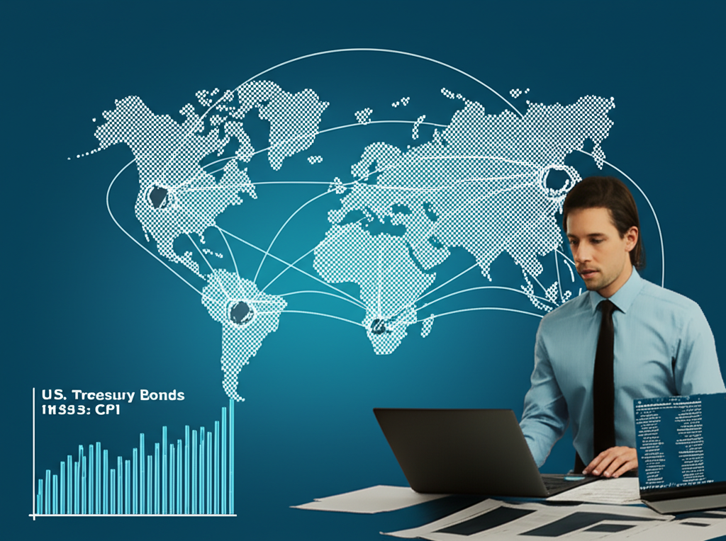 全球金融地圖連結CPI數據與美債分析圖，展現經濟互聯與數據剖析