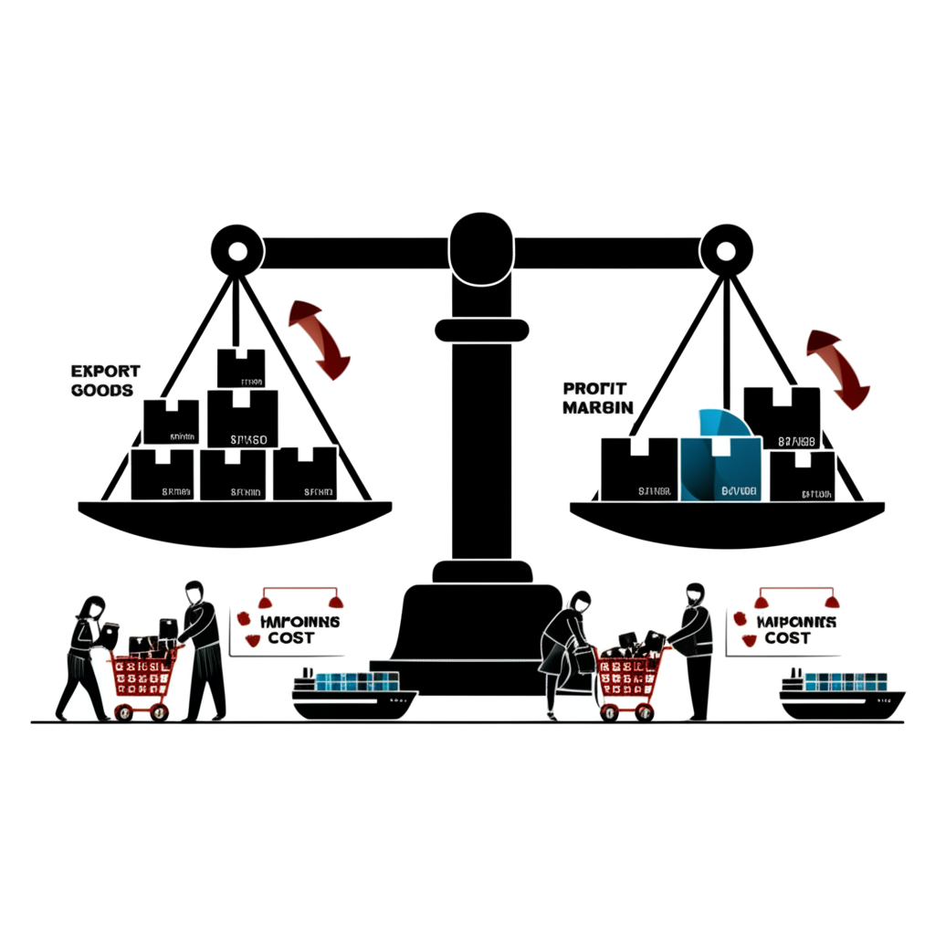 天平顯示出口商品變貴與利潤縮減,進口成本降低及消費者購買插圖