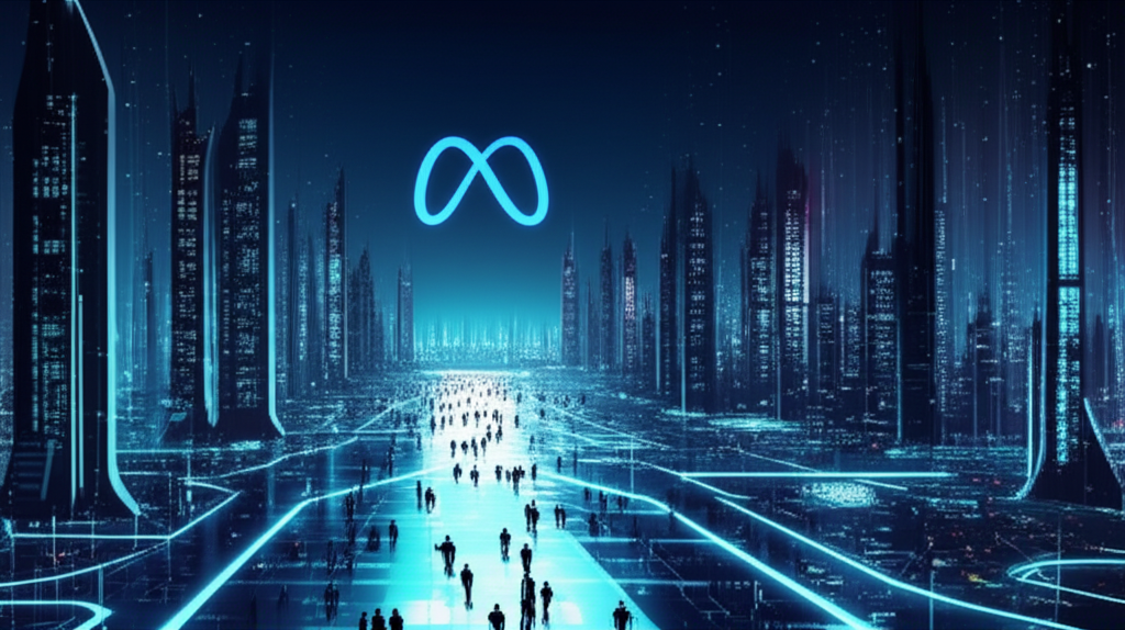 元宇宙熱潮興衰插圖,虛擬城市從繁華到黯淡,背景有Meta標誌