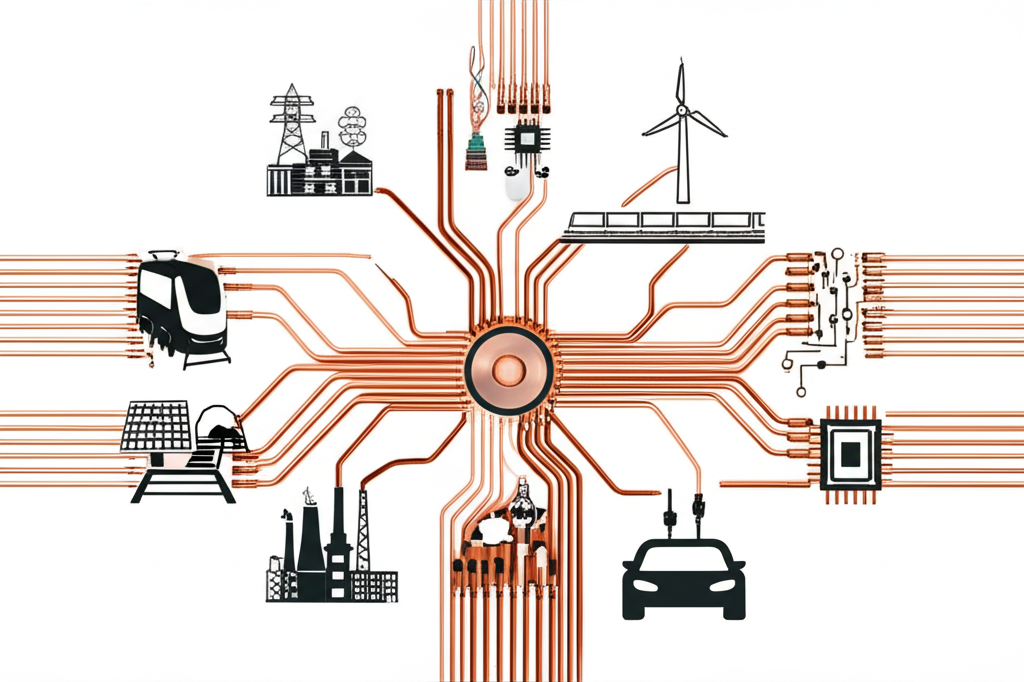 銅線連接電力建築電子運輸電動車與再生能源等產業,象徵銅作為全球經濟關鍵指標