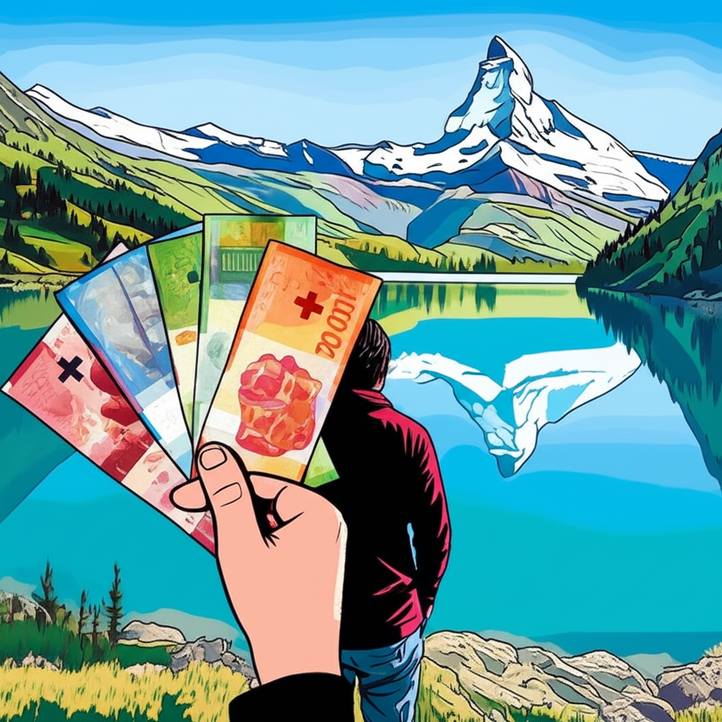 一位旅客站在瑞士阿爾卑斯山壯麗景觀與清澈湖泊前,手持瑞士法郎鈔票的插圖