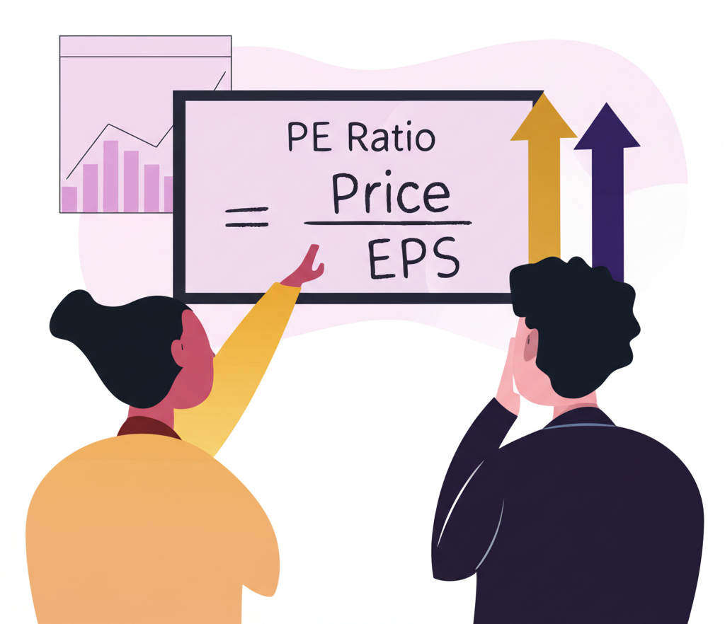 計算板顯示本益比公式,兩人討論其對成長潛力的意義