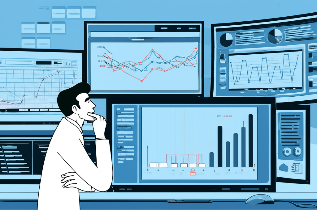 投資者觀察多個財務圖表和數據的插圖，象徵決策時機和風險管理