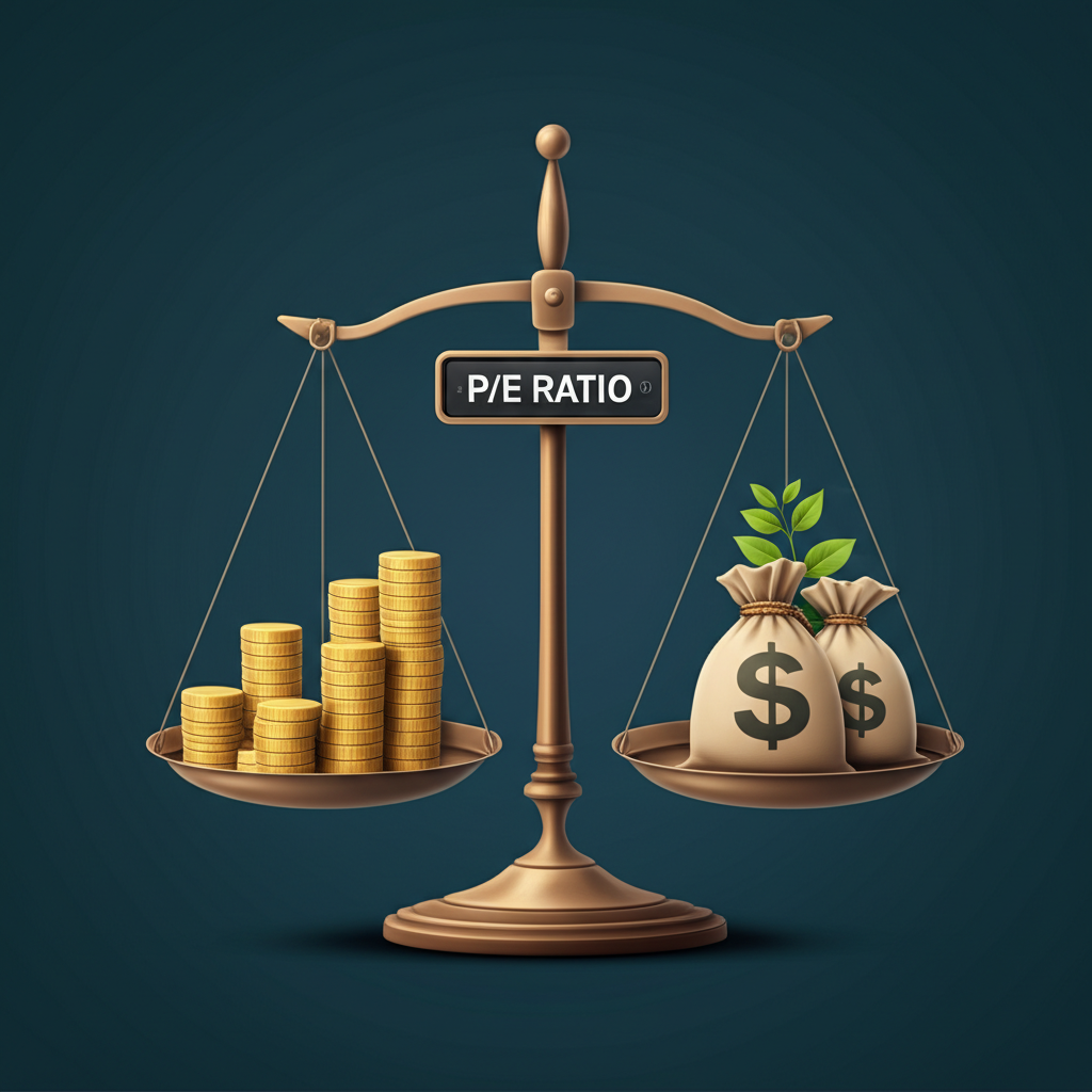 A weighing scale balancing stock price and company earnings with a P/E ratio display illustration evaluating stock earning power