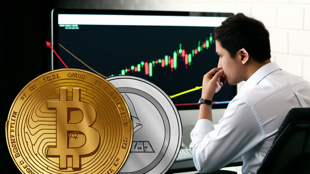 加密貨幣雙幣理財概念圖:兩種幣種交織與價格預測圖表,投資人分析市場數據與高收益曲線