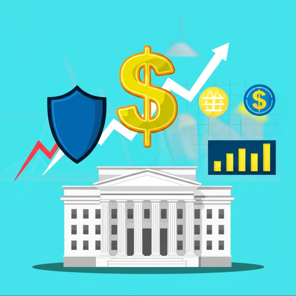 聯準會建築與上升利率圖表,避險需求盾牌及全球經濟數據推動美金上漲