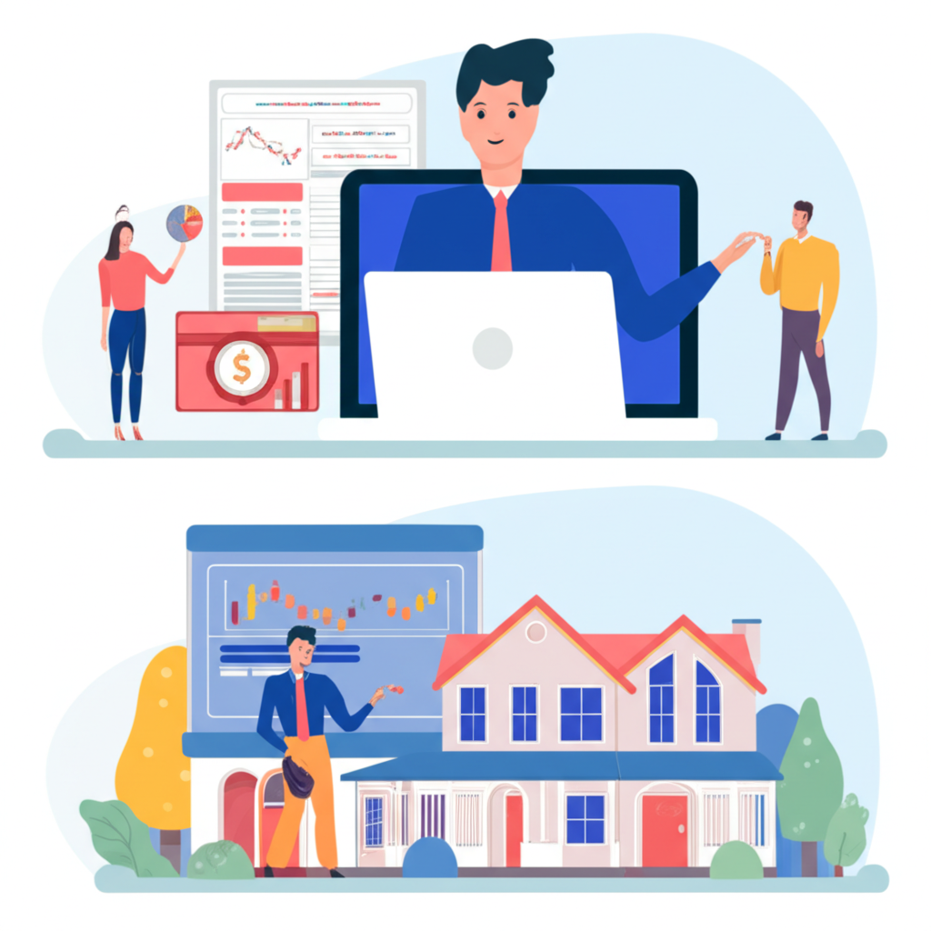 一邊是人在筆電前查看圖表進行交易,另一邊是房東遞交鑰匙給租戶,展示保證金在不同情境下的應用