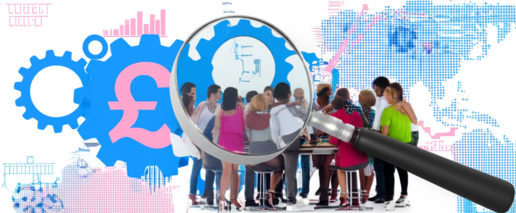 放大鏡檢視英鎊符號,背景有齒輪與數據圖表,代表宏觀經濟與技術分析,多位人士圍桌策劃的插圖