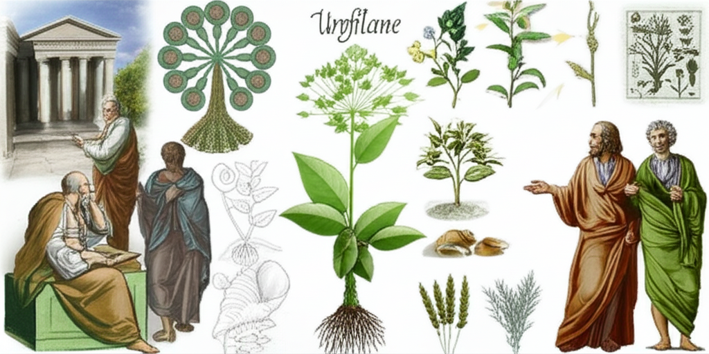 型態學起源插圖:古希臘哲學家觀察自然與歌德研究植物,中央為原始植物概念