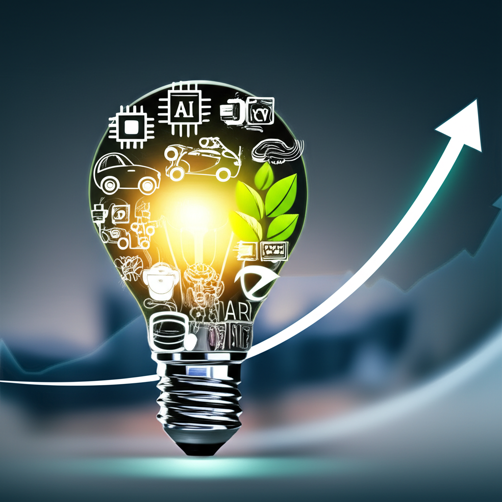 燈泡發出光芒,周圍浮現人工智慧晶片、電動車、綠葉和虛擬實境頭戴裝置等符號,象徵新概念與未來潛力,背景為上升的股票圖表