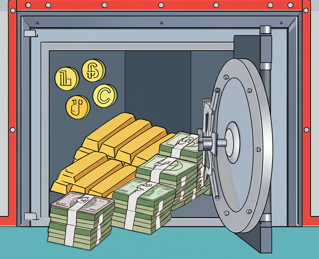 各種外幣鈔票、黃金條與國際貨幣基金特別提款權的象徵,安全存放於銀行金庫中