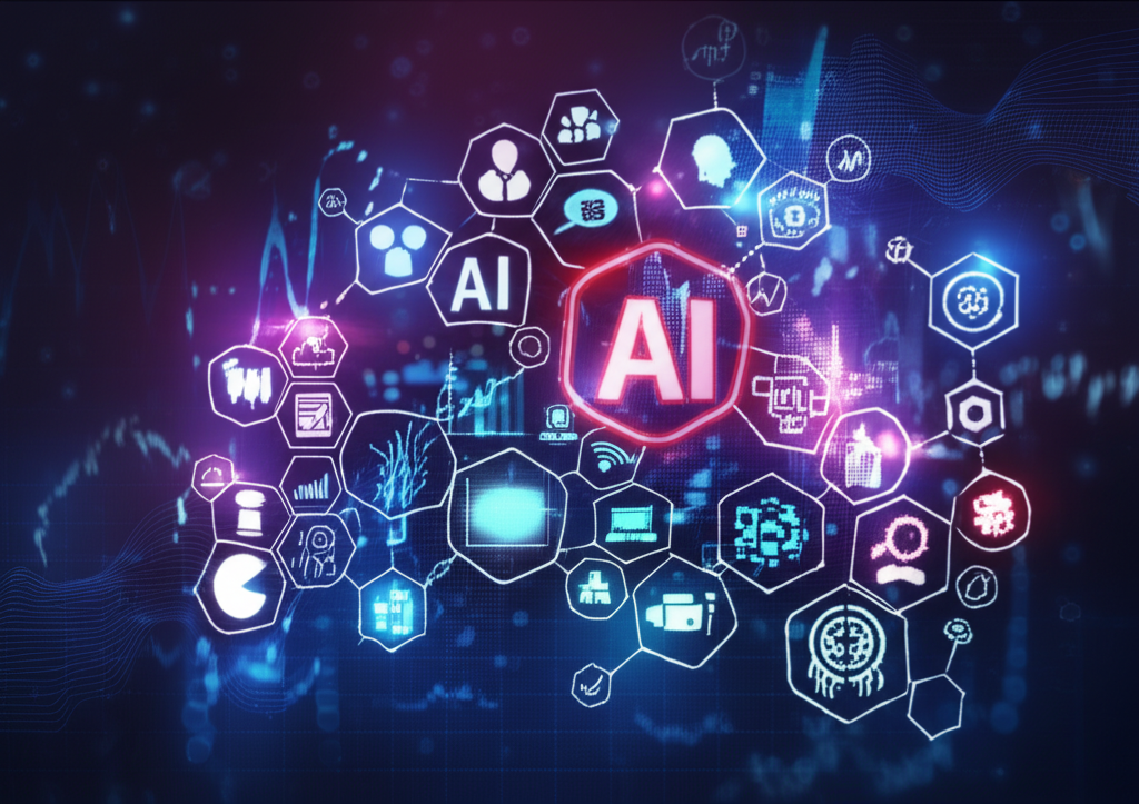 動態數位行銷景觀插圖,展示社群媒體、AI 和數據分析的互聯圖標,以及企業在市場變化中的導航