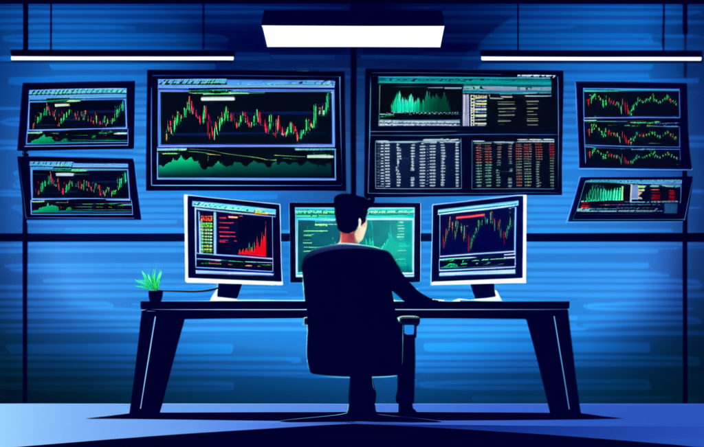 Sophisticated proprietary trading firm office with traders analyzing futures market trends