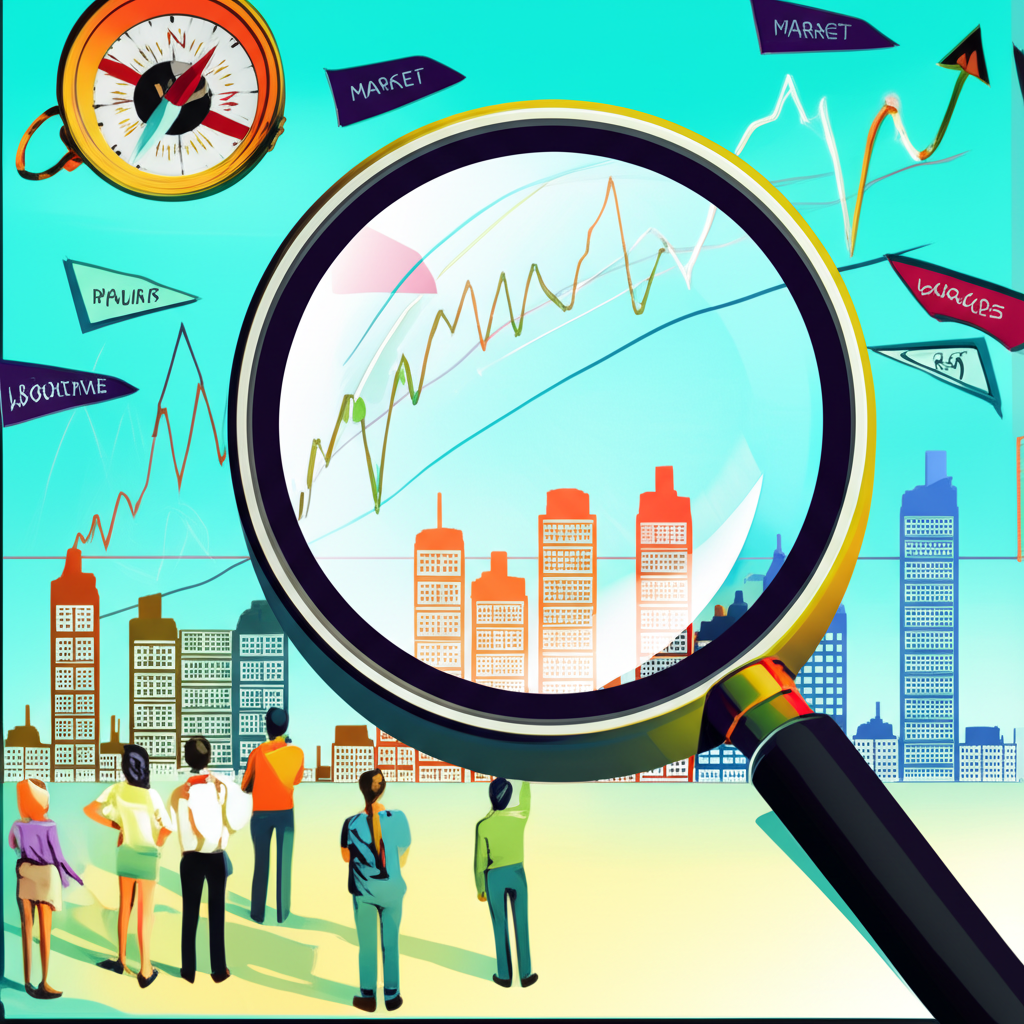 放大鏡觀察股市走勢圖,顯示市場方向與投資者關注