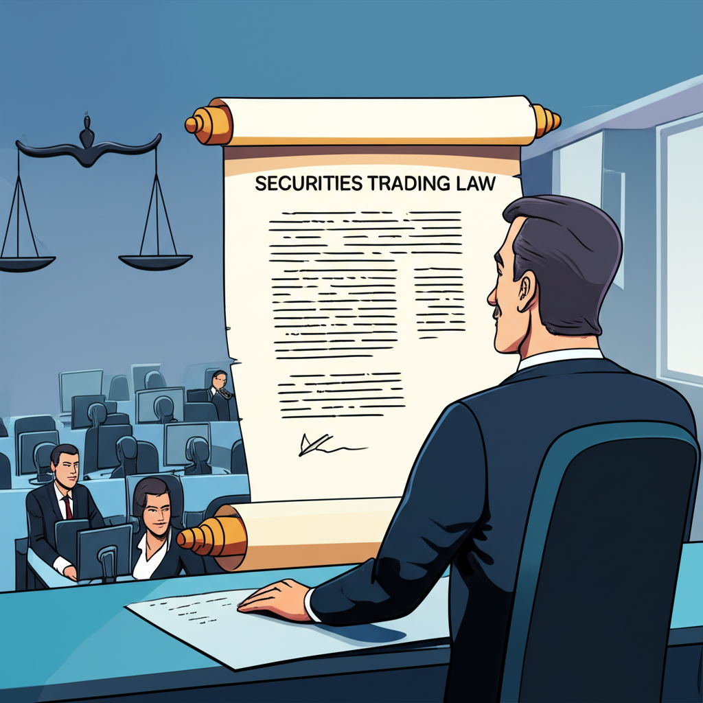 法律文件或捲軸顯示證券交易法文字,金融監管者監督合規自營交易操作