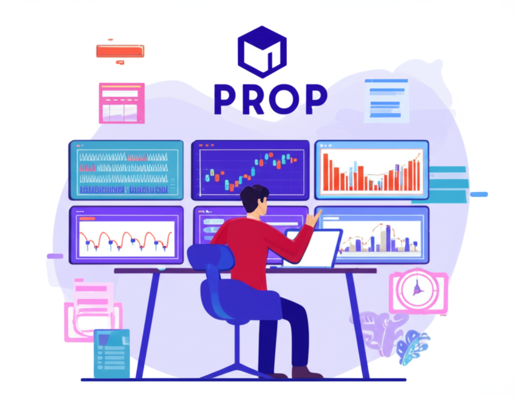 交易員自信管理大額虛擬資本的插圖,多個螢幕顯示圖表與自營交易公司標誌