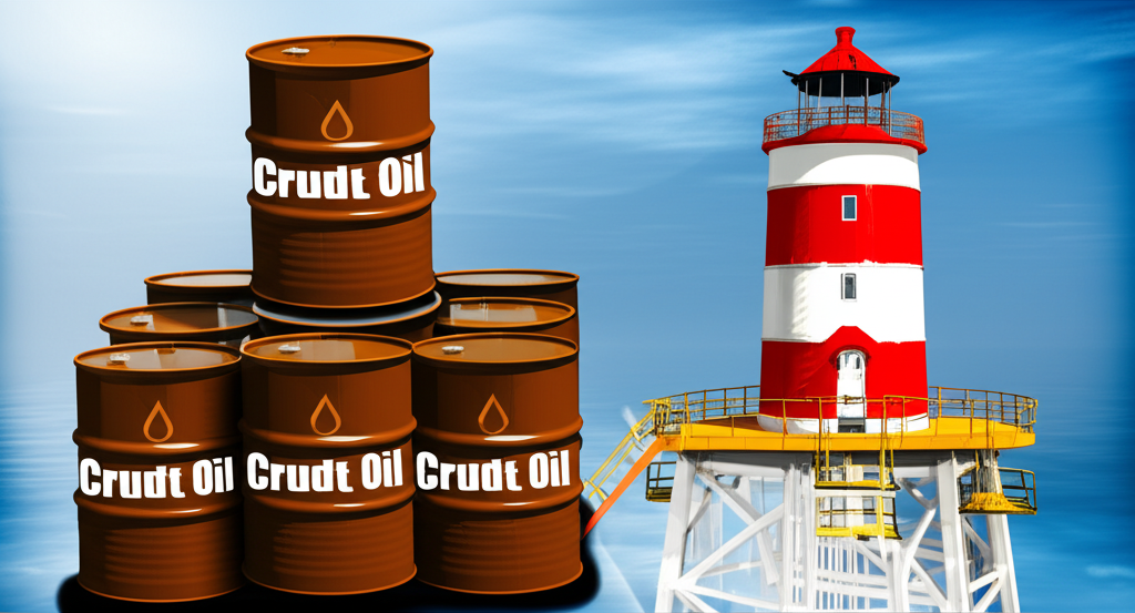 北海油田上的布蘭特原油桶,象徵全球油價基準與輕質甜油特性