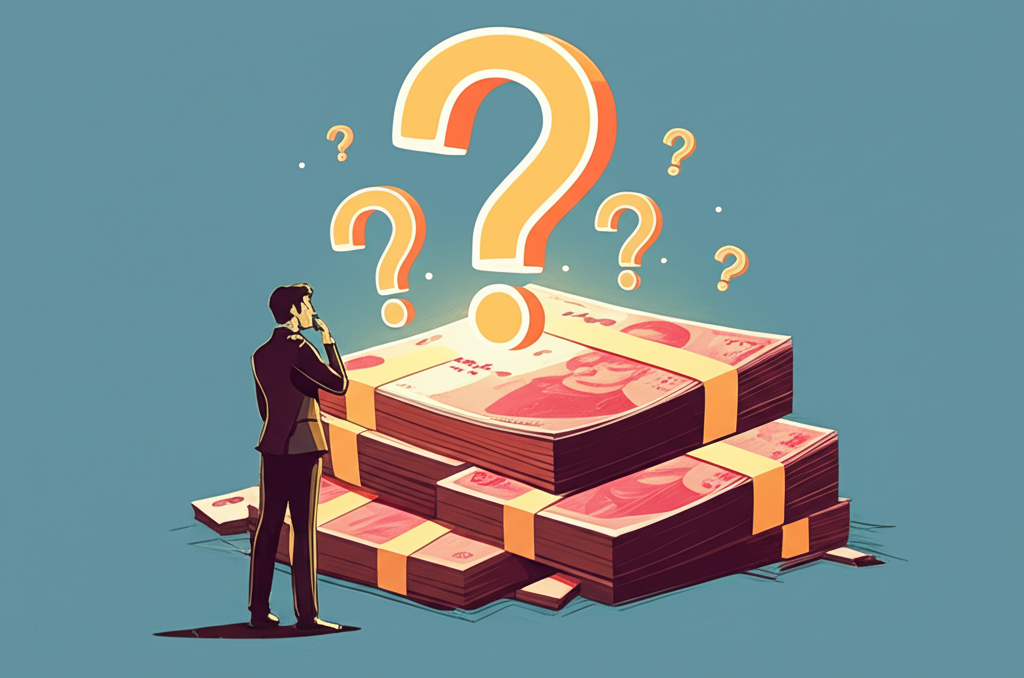 好奇人物周圍環繞問號,凝視巨額發光貨幣堆疊的插圖,代表台灣外匯存底的謎團與疑問