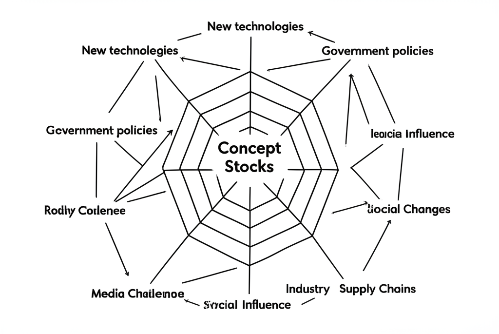 複雜的互聯網絡圖,顯示新技術、政府政策、社會變遷、媒體影響和產業供應鏈等力量,共同貢獻概念股的形成