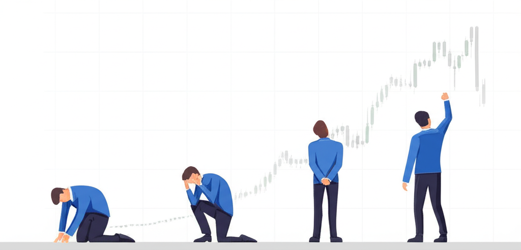 市場情緒從絕望恐慌轉向謹慎觀望再到重拾信心,背景為底部形成過程的股市圖表