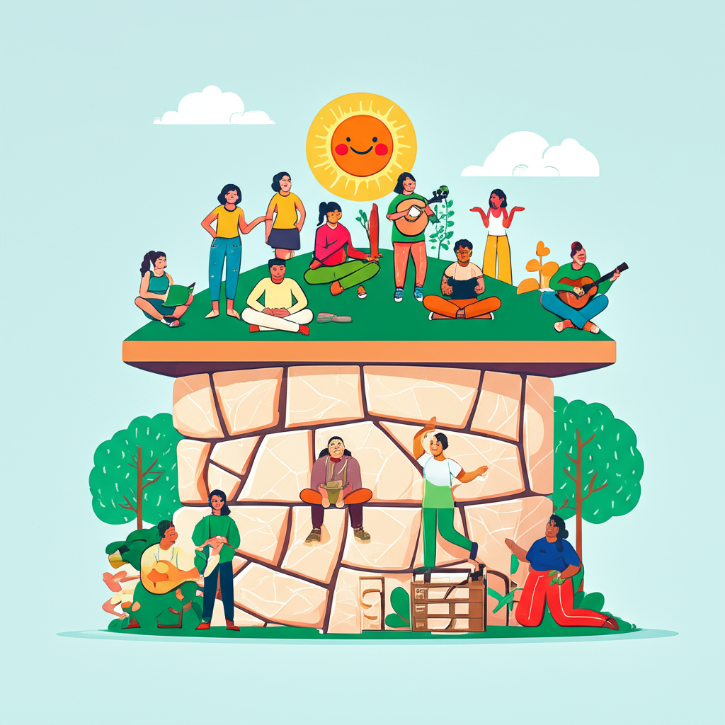 堅實基礎支撐著快樂社區,多樣人群從事正面活動,象徵身心健康作為個人幸福與社會發展的基石,以明亮樂觀色調呈現