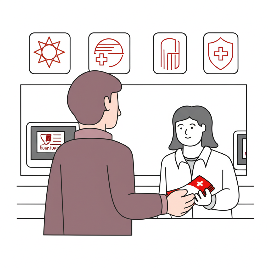 一位旅客在台灣銀行櫃檯兌換瑞士法郎,背景有銀行標誌的插圖