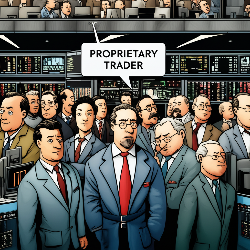 繁忙股票市場地板,各種投資者身影,中央標記自營交易員作為造市者確保順暢交易與價格穩定