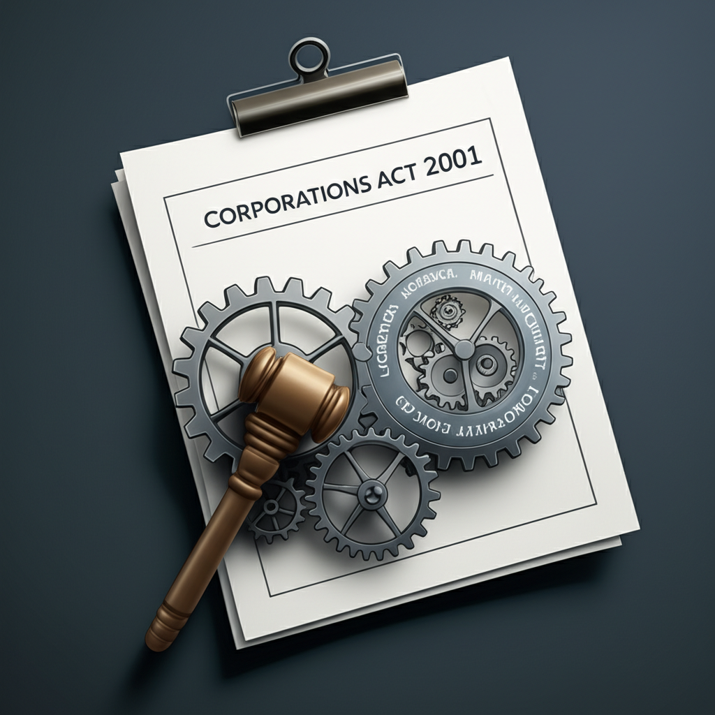 Legal document of Corporations Act 2001 with gears representing ASIC's license approval, enforcement, and policy-making powers illustration