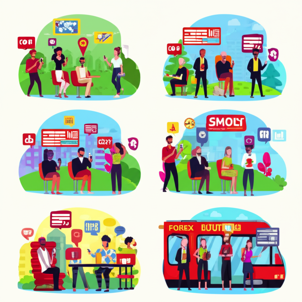 不同族群在火車、公園或咖啡廳等地點,使用行動裝置進行外匯交易,強調自由與快速決策的優勢