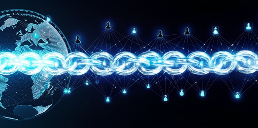 decentralized digital ledger with interconnected data blocks forming a secure chain