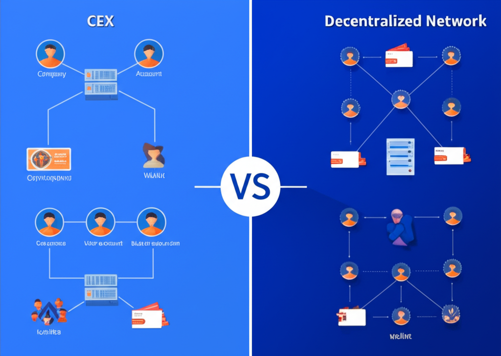分割畫面插圖比較中心化交易所和去中心化交易所，一邊是中央系統與公司標誌及用戶帳戶，另一邊是互聯節點網絡和個人錢包象徵用戶掌控