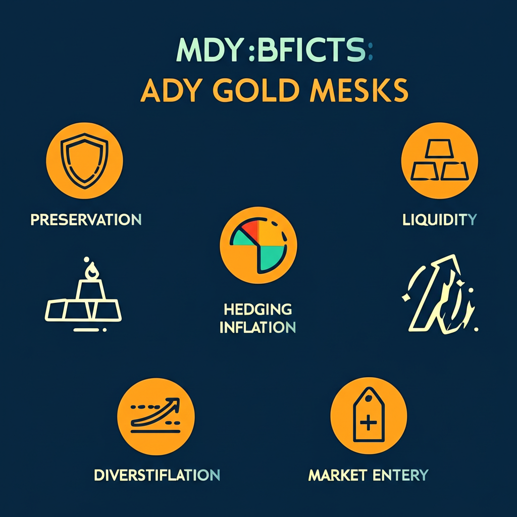 投資黃金的五大優勢插圖,包含保值、避險、抗通膨、多樣化與流動性圖示