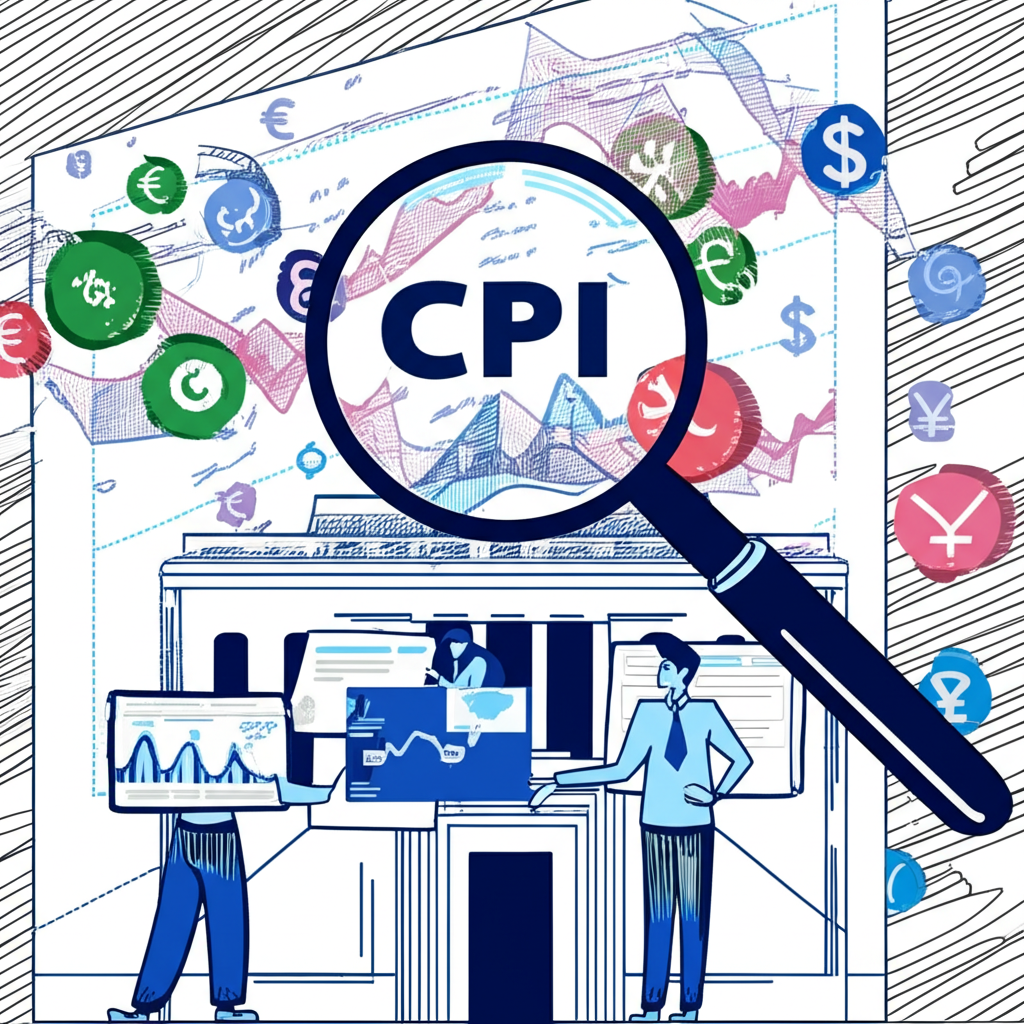 放大鏡檢視 CPI 數據圖表與全球市場符號、金融投資者插圖