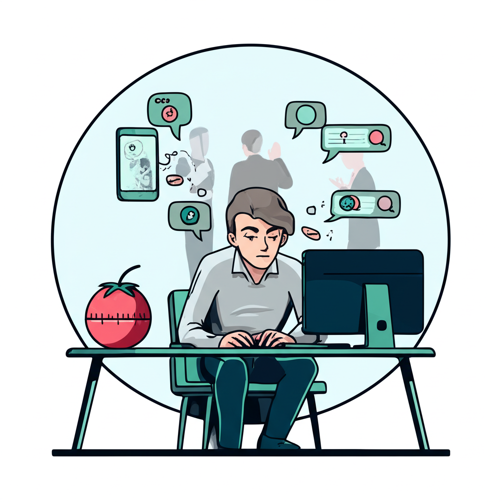 一位專注工作者坐在整潔的辦公桌前,旁邊有番茄計時器,周圍以氣泡隔絕手機通知和同事喧鬧,營造安靜的專注空間