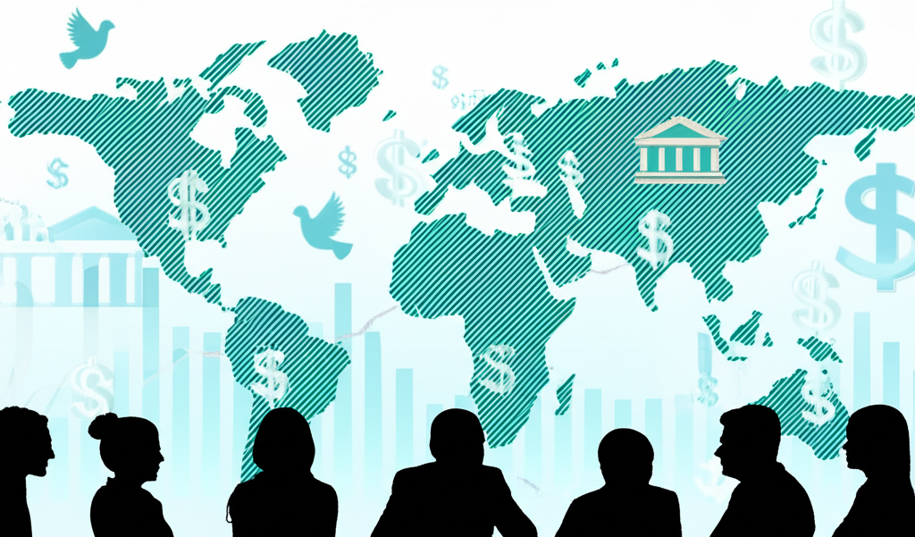 全球貨幣影響與經濟互聯的插圖，顯示美元符號流經大陸，背景包含央行建築、地緣符號與市場圖表，以及觀察的投資群體
