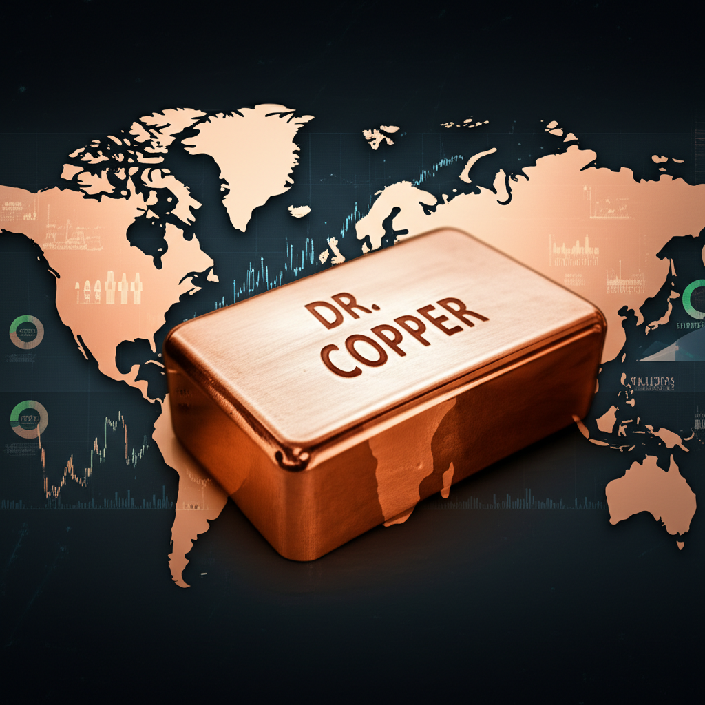 銅期貨 Dr. Copper 全球經濟指標插圖,展示閃亮的銅錠置於世界經濟地圖中央,周圍環繞產業與股市圖表