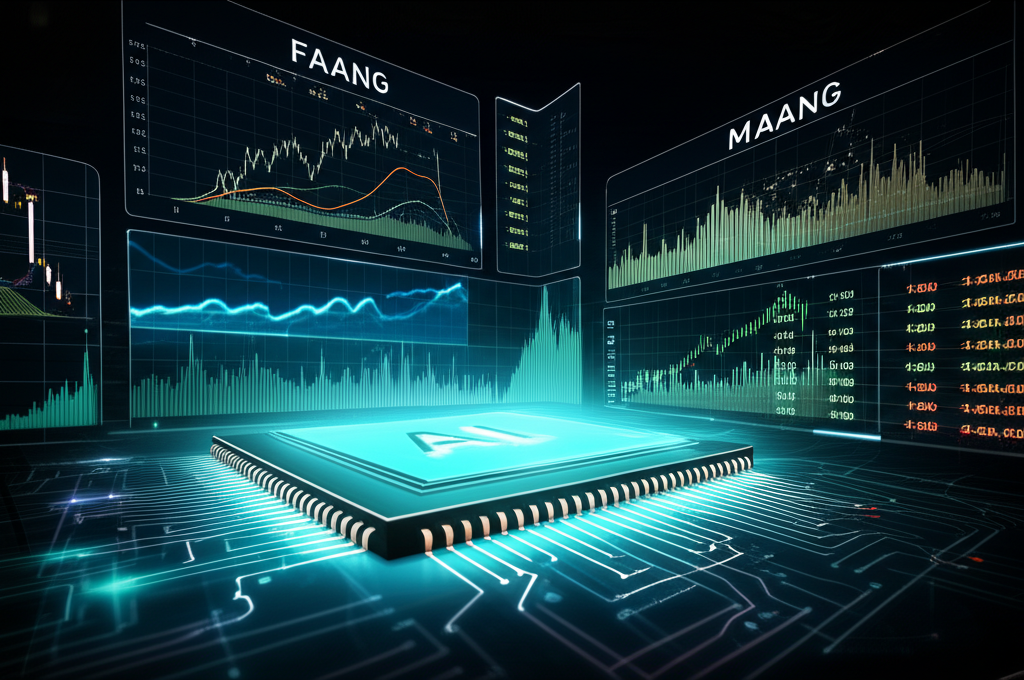 未來股市插圖,顯示AI晶片與數位圖表,從FAANG轉向MAANG的成長與演進