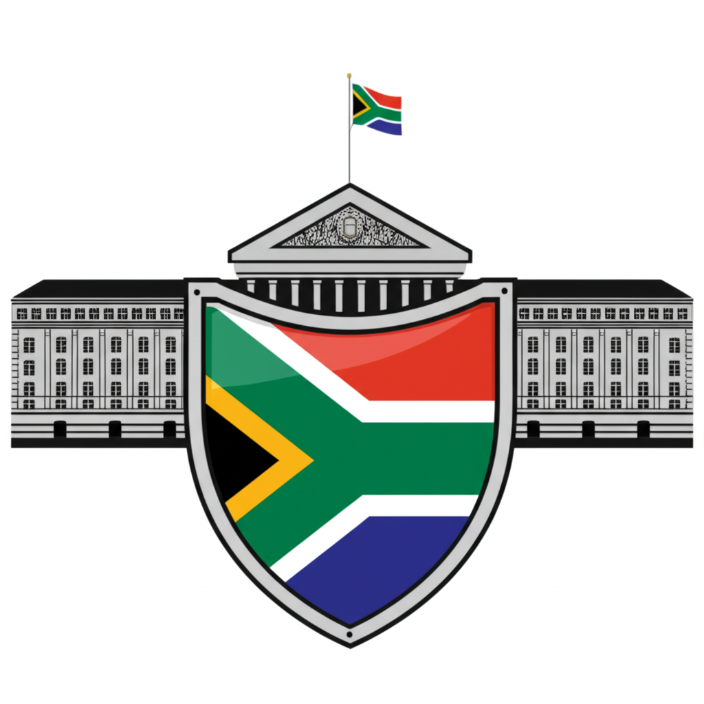 南非金融監管機構建築物插圖,盾牌保護貨幣、股票和保險符號,象徵穩定與消費者保護