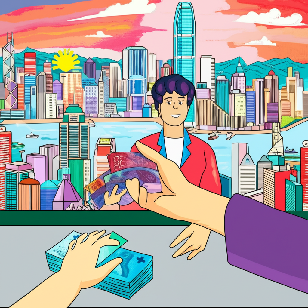 一位旅客在香港找換店兌換瑞士法郎,背景為繁華城市天際線的插圖