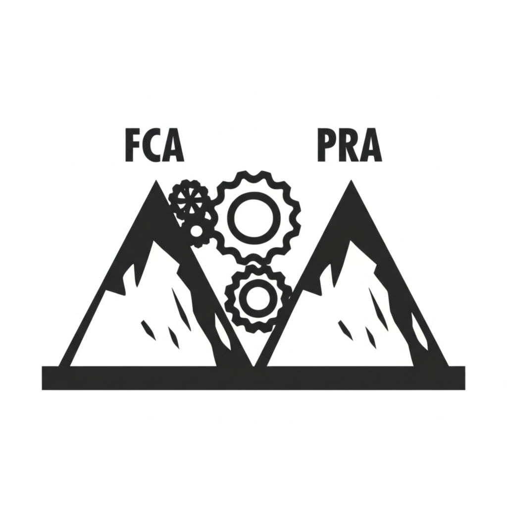 雙峰監管模式如兩座山峰,FCA與PRA齒輪交錯,象徵英國金融體系的合作與穩定