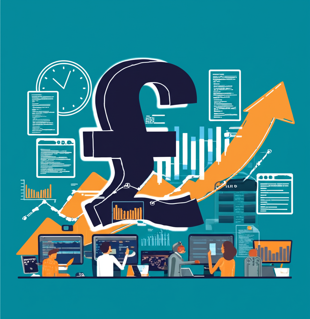 英鎊貨幣符號在圖表上強勢上漲,周圍環繞全球投資人注視數據螢幕與市場脈動時鐘的插圖